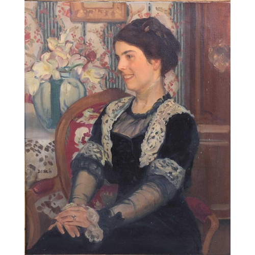 8 - Auguste Theodore Desch (1877-1924) French, a half-length portrait of a finely dressed seated lady, a... 