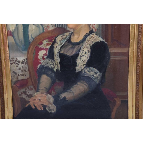 8 - Auguste Theodore Desch (1877-1924) French, a half-length portrait of a finely dressed seated lady, a... 