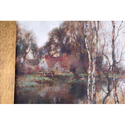 9 - Val Davis, 20th century, Silver Birch by a river and cottage, signed, oil on panel, 36cm x 26.5cmFoo... 