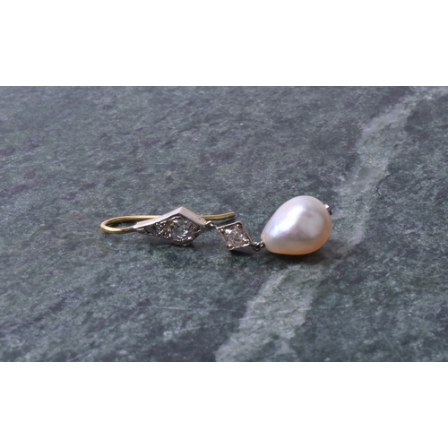 720 - A pair of diamond and natural pearl drop earrings, each with two diamond-shaped mounts inset with ol... 