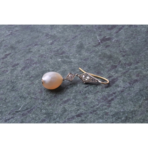 720 - A pair of diamond and natural pearl drop earrings, each with two diamond-shaped mounts inset with ol... 