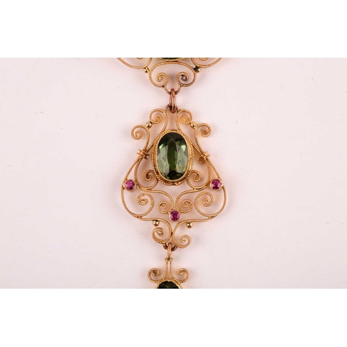 100 - An Art Nouveau 15ct yellow gold and tourmaline lavalier necklace, bearing makers mark for Murrle Ben... 