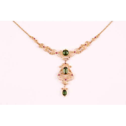 100 - An Art Nouveau 15ct yellow gold and tourmaline lavalier necklace, bearing makers mark for Murrle Ben... 