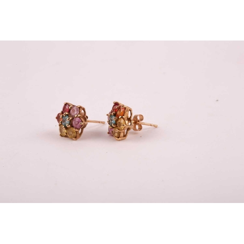 103 - A pair of multi-gem set gold earrings, the circular cut gems including multi-coloured sapphires in f... 