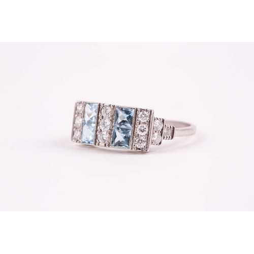 106 - A platinum, diamond, and aquamarine ring, set with four mixed square-cut aquamarines interspersed wi... 