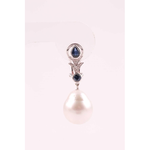 107 - A pair of South Sea pearl, diamond and sapphire drop earrings, the pearl approximately 16.5 mm high,... 