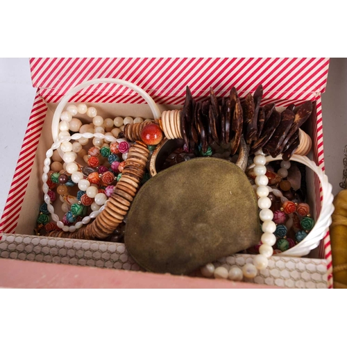 123 - A box of various costume jewellery items, to include gilt metal items, beaded necklaces, bracelets, ... 