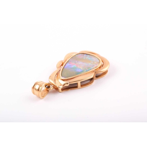 146 - An 18ct yellow gold and boulder opal pendant, of stylised naturalistic design, the mount with matte ... 