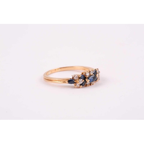 174 - An 18ct yellow gold, diamond, and sapphire ring, set with seven mixed marquise-cut sapphires, and te... 