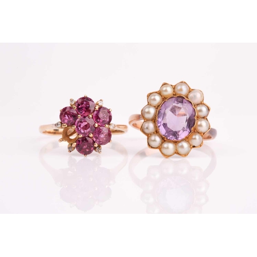 183 - A yellow metal, amethyst, and pearl cluster ring, set with a mixed oval-cut amethyst, shank unmarked... 