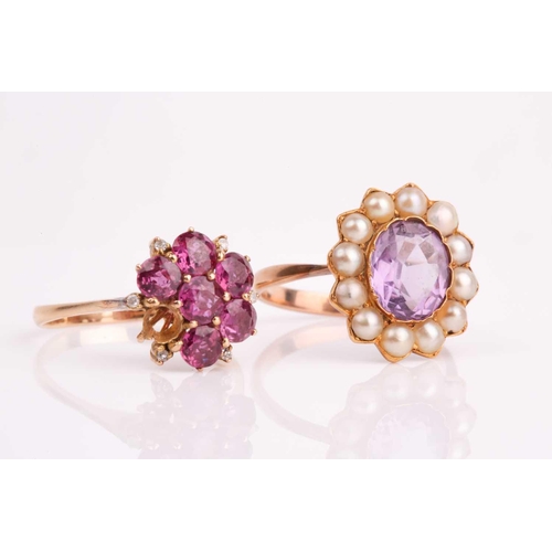 183 - A yellow metal, amethyst, and pearl cluster ring, set with a mixed oval-cut amethyst, shank unmarked... 