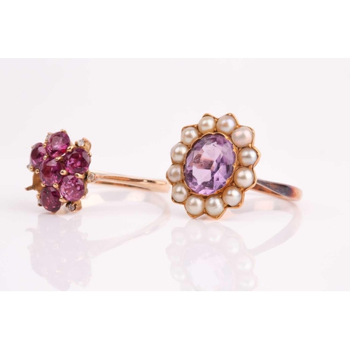 183 - A yellow metal, amethyst, and pearl cluster ring, set with a mixed oval-cut amethyst, shank unmarked... 