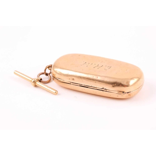 44 - An 18ct yellow gold double sovereign case, the lozenge-shaped case engraved with initials CHM, indis... 