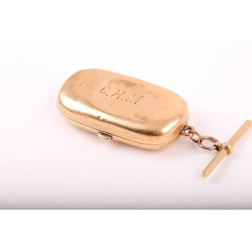 44 - An 18ct yellow gold double sovereign case, the lozenge-shaped case engraved with initials CHM, indis... 