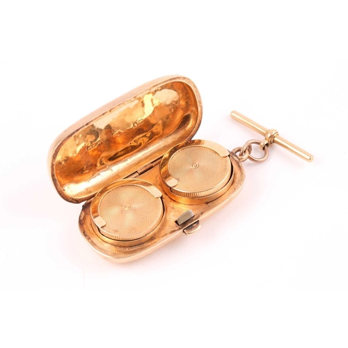 44 - An 18ct yellow gold double sovereign case, the lozenge-shaped case engraved with initials CHM, indis... 