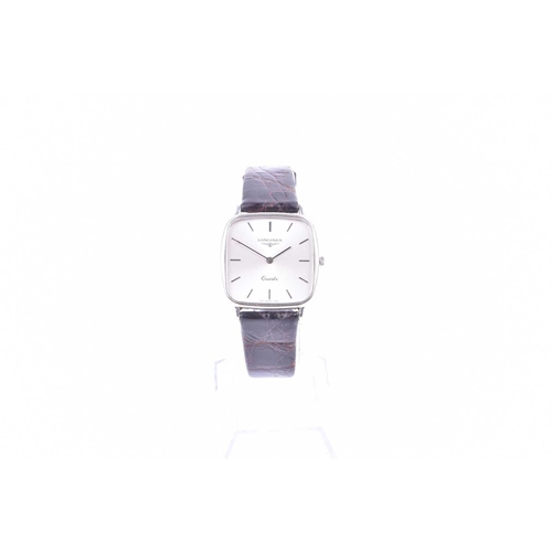 452 - A Longines stainless steel wristwatch, the square silvered dial with rounded edges and baton indices... 