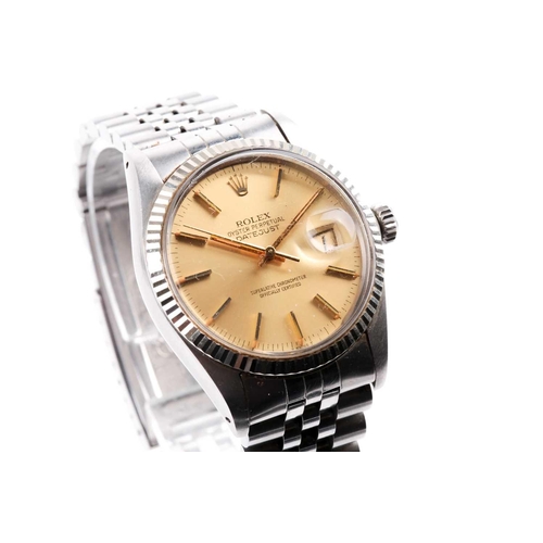 454 - A 1980 Rolex Oyster Perpetual DateJust ref. 16014 stainless steel automatic wristwatch, the champagn... 