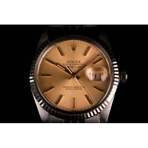 454 - A 1980 Rolex Oyster Perpetual DateJust ref. 16014 stainless steel automatic wristwatch, the champagn... 