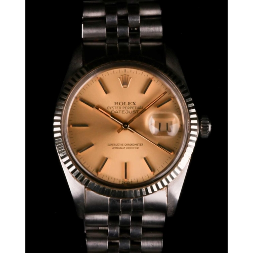 454 - A 1980 Rolex Oyster Perpetual DateJust ref. 16014 stainless steel automatic wristwatch, the champagn... 