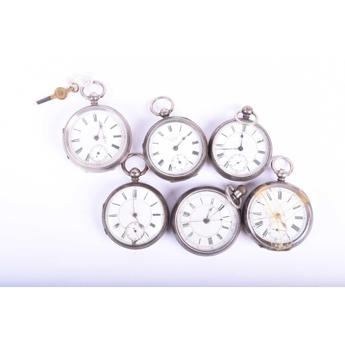 456 - Six silver cased pocket watches, five key wound, one crown wound, all with white enamel dials.Qty: (... 