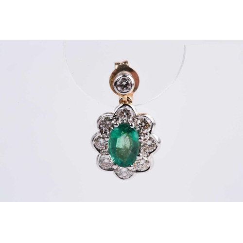 86 - A pair of diamond and emerald cluster drop earrings, each set with a mixed oval-cut emerald within a... 