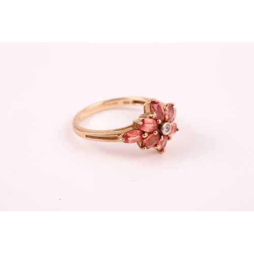 89 - An orange and white sapphire cluster ring, the foliate cluster to a plain 9ct gold shank, with a pai... 