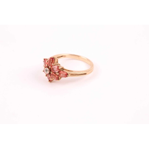 89 - An orange and white sapphire cluster ring, the foliate cluster to a plain 9ct gold shank, with a pai... 