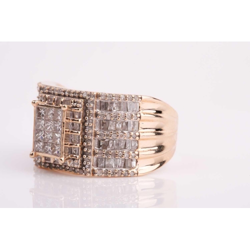 93 - A yellow metal and diamond ring, calibre-set with mixed square-cut diamonds in a rectangular mount, ... 