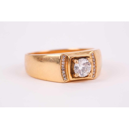 95 - A yellow metal and diamond ring, set with a round-cut diamond of approximately 0.50 carats, with cur... 