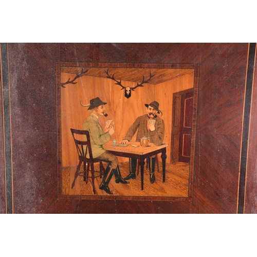 35 - An early 20th century probably Swiss, square tabletop with figural marquetry of two gentlemen seated... 