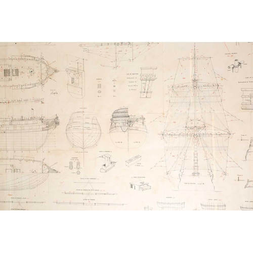 61 - A Musee de la marine, 1/150th scale plan of the 74 gun warship 