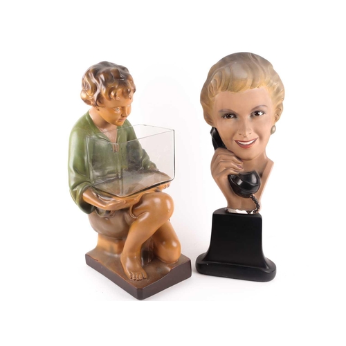 63 - An Art Deco period painted plaster advertising display of a blonde lady holding a telephone, with gl... 