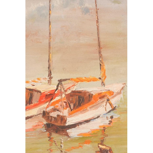 12 - Wallace Hugh Hulley (b.1931)?, two boats on calm water, oil on panel, 58.5 cm x 28 cm in a wooden fr... 