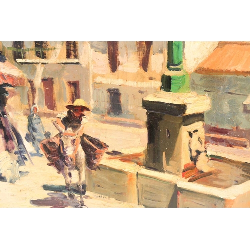 22 - Aurelio Cordoba, a figure in a donkey in a town square, oil on canvas, signed and dated 1962, 60 cm ... 
