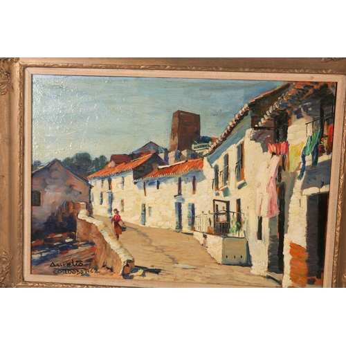 24 - Aurelio Cordoba, two oils on panel, figures in town settings, each signed and dated 1962, 54 cm x 37... 