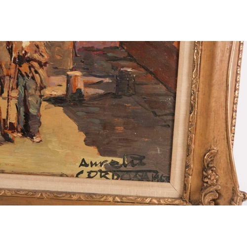 24 - Aurelio Cordoba, two oils on panel, figures in town settings, each signed and dated 1962, 54 cm x 37... 