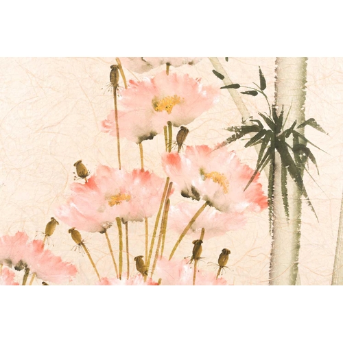 26 - Lenore Berry, 20th century, a Chinese painting on paper, tall poppies and bamboo, signed to lower le... 