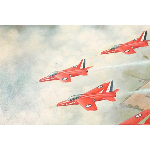 34 - James Cox (20th century), the Red Arrows in flight, oil on panel, signed and dated '79, 55 cm x 75.5... 