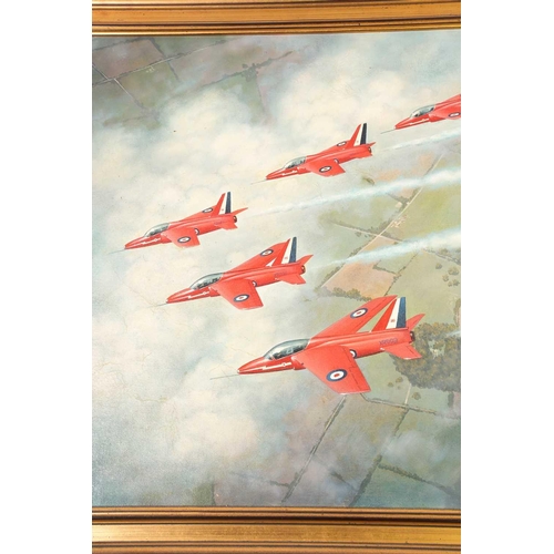 34 - James Cox (20th century), the Red Arrows in flight, oil on panel, signed and dated '79, 55 cm x 75.5... 