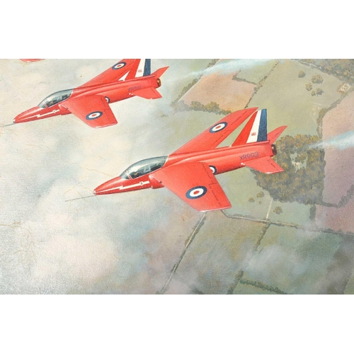 34 - James Cox (20th century), the Red Arrows in flight, oil on panel, signed and dated '79, 55 cm x 75.5... 