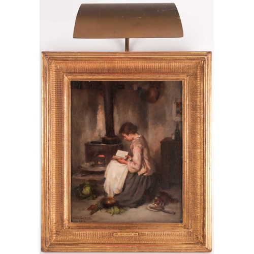 4 - Paul Constant Soyer (French, 1823 - 1903), a young woman reading by a kitchen stove, signed and date... 