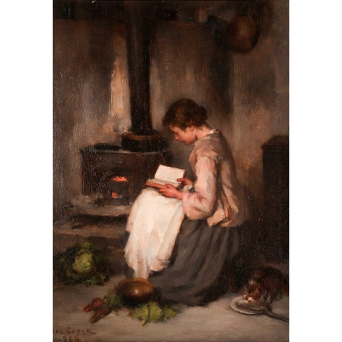 4 - Paul Constant Soyer (French, 1823 - 1903), a young woman reading by a kitchen stove, signed and date... 
