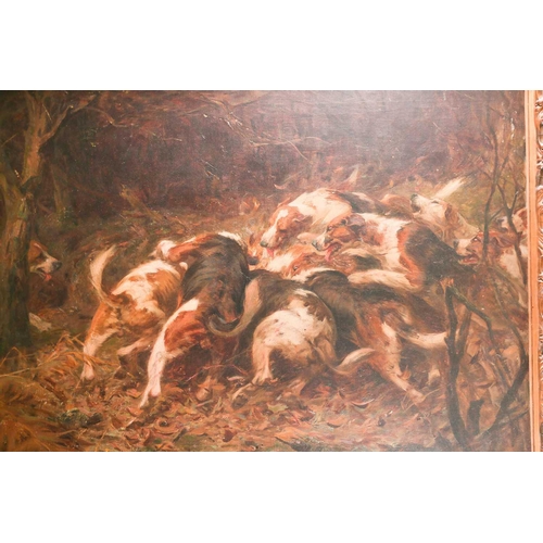 46 - Charles Edward Stewart (exh. 1890-1930), a large study of hounds surrounding prey, oil on canvas, si... 