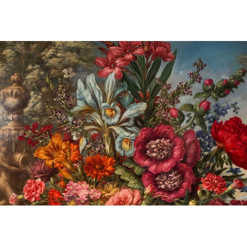 48 - Late 19th or early 20th century school, a large and vibrant still life study of flowers in an urn, a... 