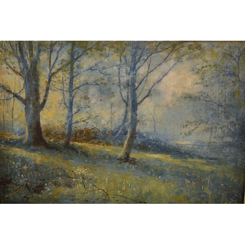 5 - English School, 19th century, ‘A woodland glade’, unsigned, oil on canvas, mounted in gilt slip and ... 
