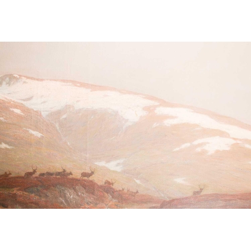 50 - Charles Edward Stewart (exh. 1890-1930), a large mountainous landscape, with silhouettes of deer, oi... 