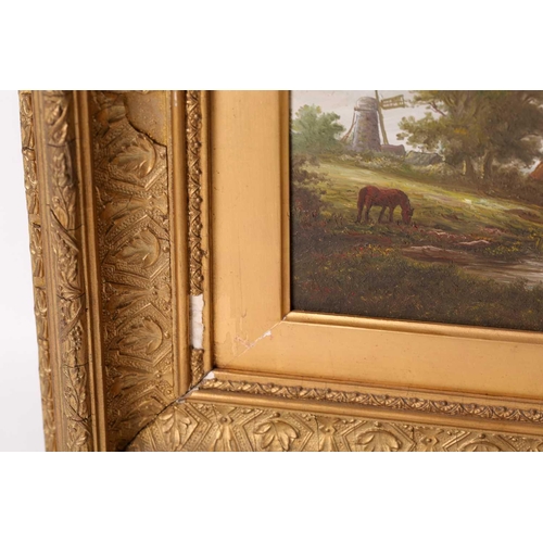 55 - English school, a pastoral scene of a figure on a country path before a dwelling, oil on board, 16.5... 