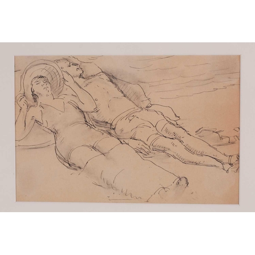 70 - Frank Runacres (1904 - 1974), a couple recumbent in swimwear, pen, ink and wash, applied artists mic... 