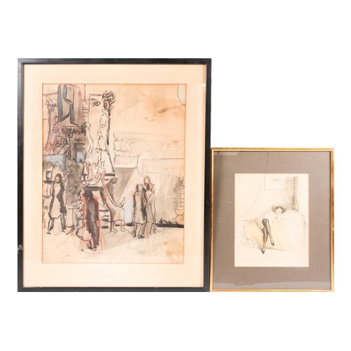 72 - Martin Nelson (20th century), abstract figures in a town scene, pen and watercolour, 60 cm x 47 cm, ... 