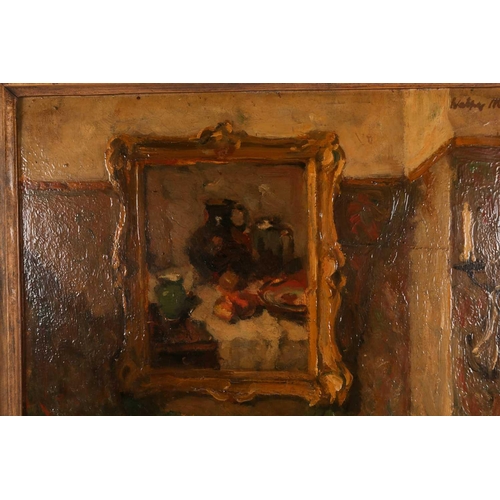 8 - Early 20th-century school, an interior scene, indistinctly signed oil on panel, 49 cm x 33 cm in a g... 